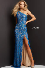 Close-up of Jovani 08515 blue lace dress highlighting intricate details