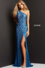 Model in Jovani 08515 blue dress showing elegant flow and fit
