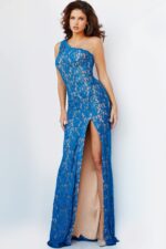 Model wearing Jovani 08515 blue lace one-shoulder dress with high slit