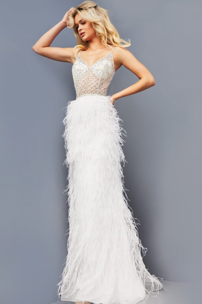 Model wearing Jovani 08525 angled front view showing details of the beadwork and feathered design.