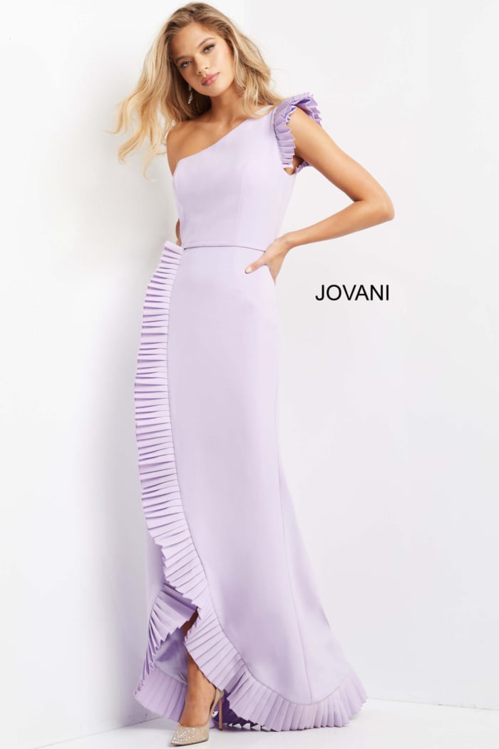 Jovani 08527 lilac dress with ruffles on a model, featuring a unique one-shoulder design
