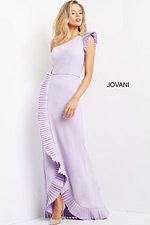 model in Jovani 08527 lilac dress with one ruffled shoulder
