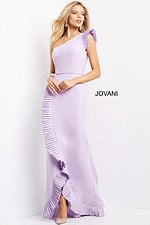 model wearing Jovani 08527 lilac one-shoulder dress showcasing ruffle detail