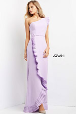 model wearing Jovani 08527 lilac one-shoulder dress with ruffles