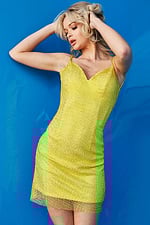 Model wearing Jovani 08530 dress in yellow, front view