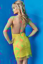 Model wearing Jovani 08530 dress in yellow, back view