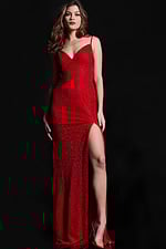 model wearing Jovani 08531 red gown with sweetheart neckline