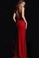 Back view of model wearing Jovani 08531 red fitted gown with low back and high slit.