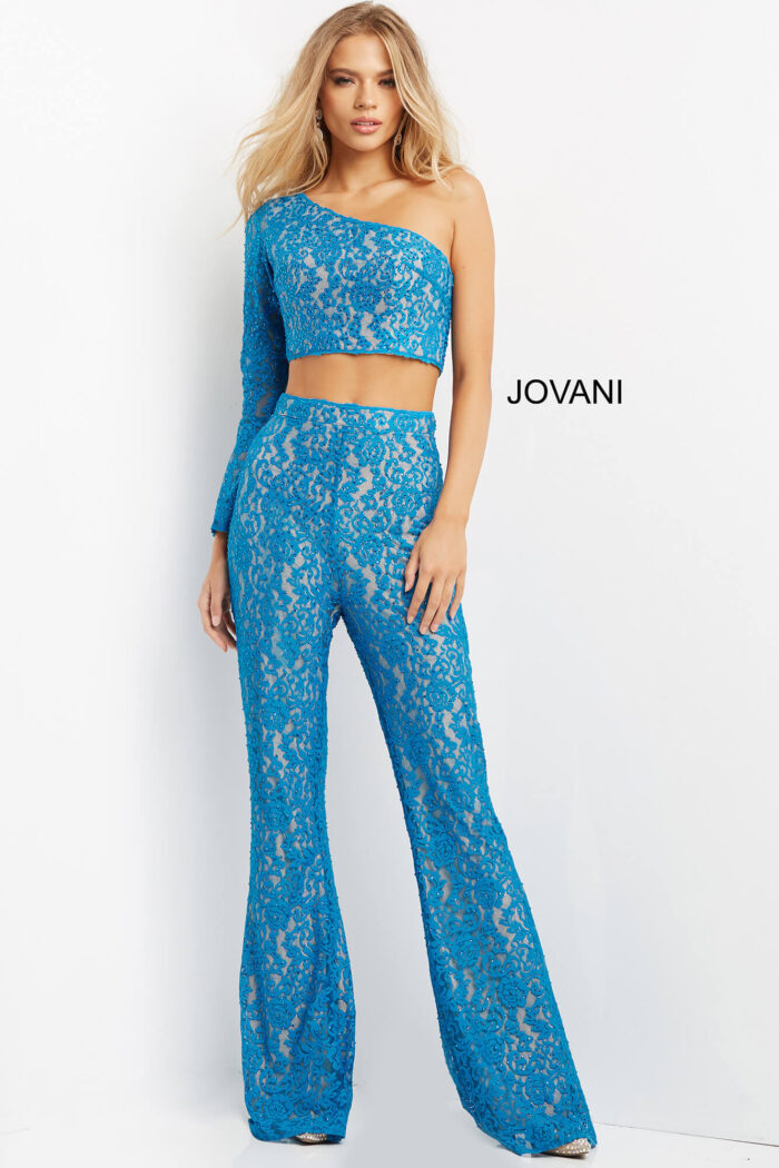 Model wearing Jovani 08693 blue lace set displaying front view.
