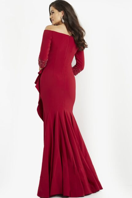 Back view of Jovani 08699 red gown displaying fitted bodice and flared hem.