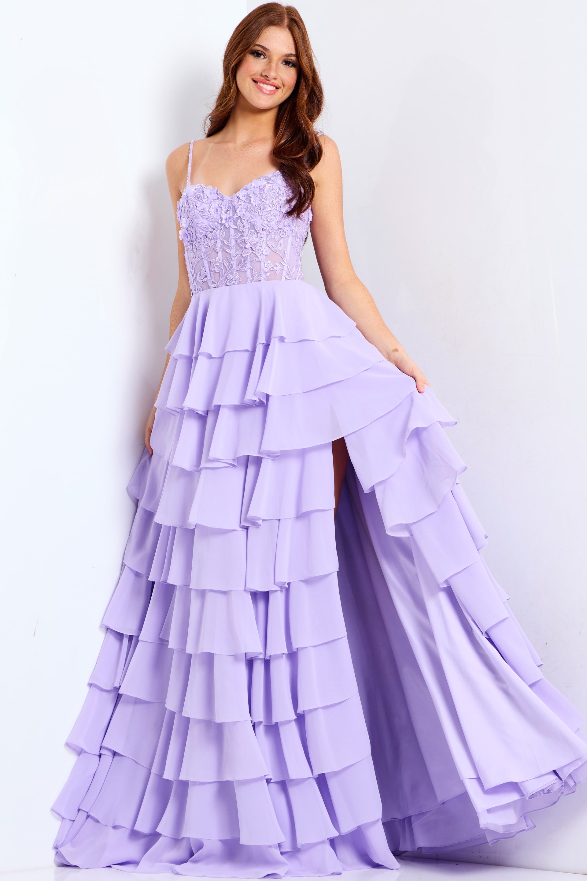 Lavender tiered gown with lace bodice 44543