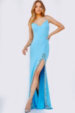 Model wearing Jovani 09009 blue dress with high slit