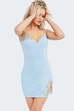 Model wearing Jovani 09010, light blue mini dress, full-length front view