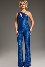 Model wearing Jovani 09017 royal blue sequined one-shoulder jumpsuit with cutout.