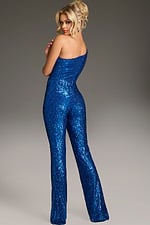 Back view of model wearing Jovani 09017 royal blue sequined jumpsuit.