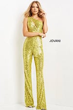 Model wearing Jovani 09017 yellow sequined one-shoulder jumpsuit with cutout.