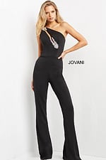 Model showcasing Jovani 09019 black embellished jumpsuit