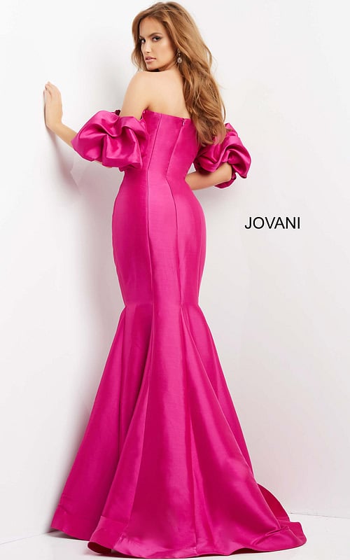Back view of Jovani 09031 showing off-the-shoulder design and mermaid silhouette.