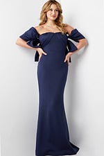 Front view of model wearing Jovani 09064 navy dress displaying off-the-shoulder style.