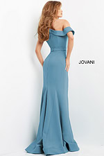 Back view of Jovani 09129 seafoam mermaid gown with off-the-shoulder sleeve.