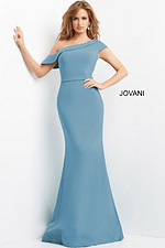 Model wearing Jovani 09129 blue mermaid dress with a one-shoulder neckline.