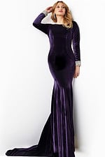 Model wearing Jovani 09139 velvet purple gown with a graceful train and mermaid fit.