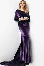 Model wearing Jovani 09139 in purple, front view showcasing mermaid silhouette and luxurious velvet.