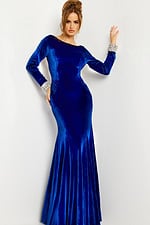 Model wearing Jovani 09139 velvet royal gown with embellished cuffs and a mermaid silhouette.