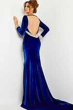 Jovani 09139 in royal, back view showing open back design with embellished band.