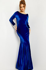 Model in Jovani 09139, royal velvet gown with embellished cuffs, front perspective.