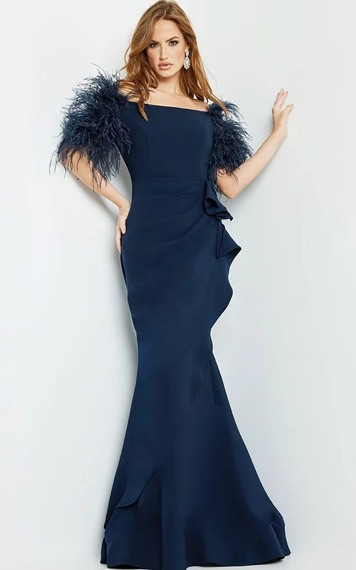 Model wearing Jovani 09154 navy dress, front view, showcasing feathered sleeves.