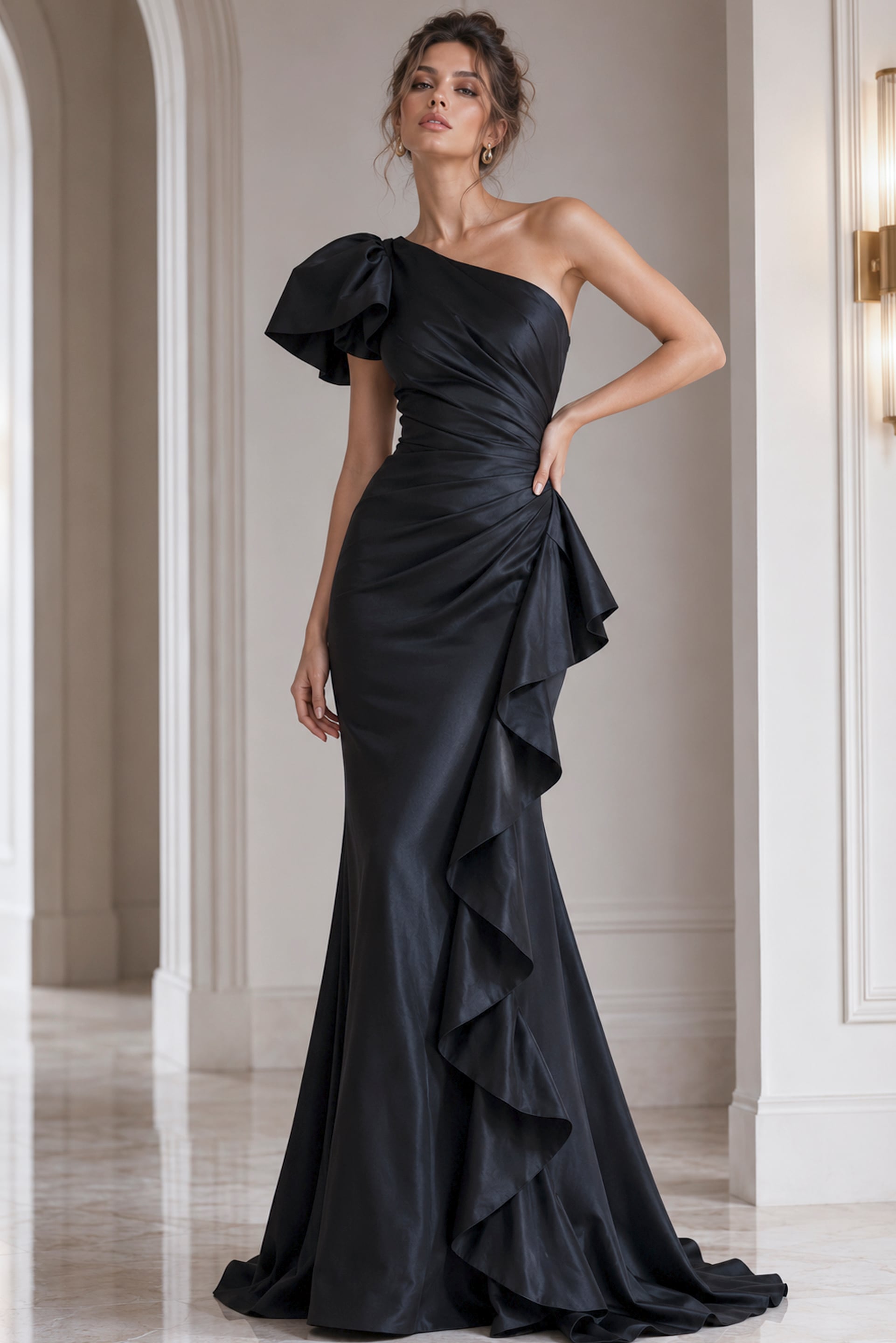black indigo one shoulder short sleeve evening gown - front full body, black one-shoulder puff, ruched, ruffled skirt