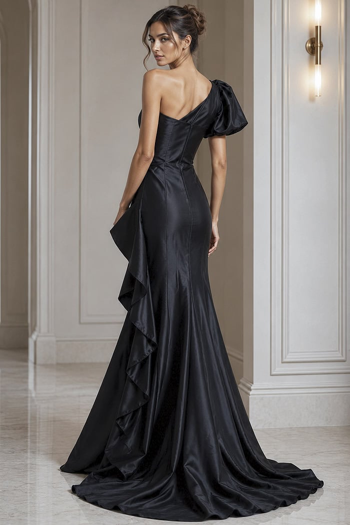 black indigo one shoulder short sleeve evening gown - back view, black one-shoulder puffed sleeve side ruffles long train