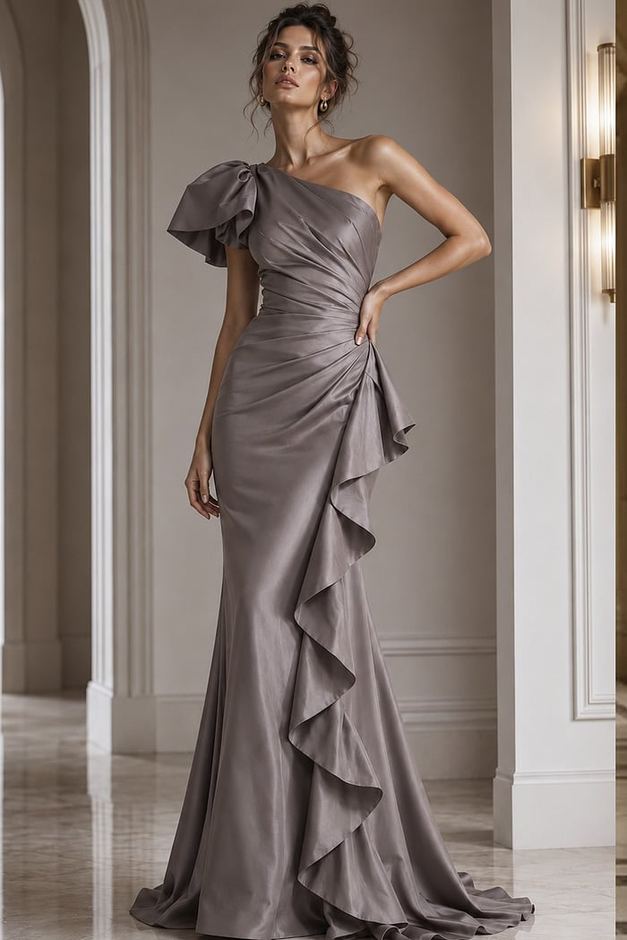 taupe indigo one shoulder short sleeve evening gown - front full body, taupe one-shoulder ruffled gown