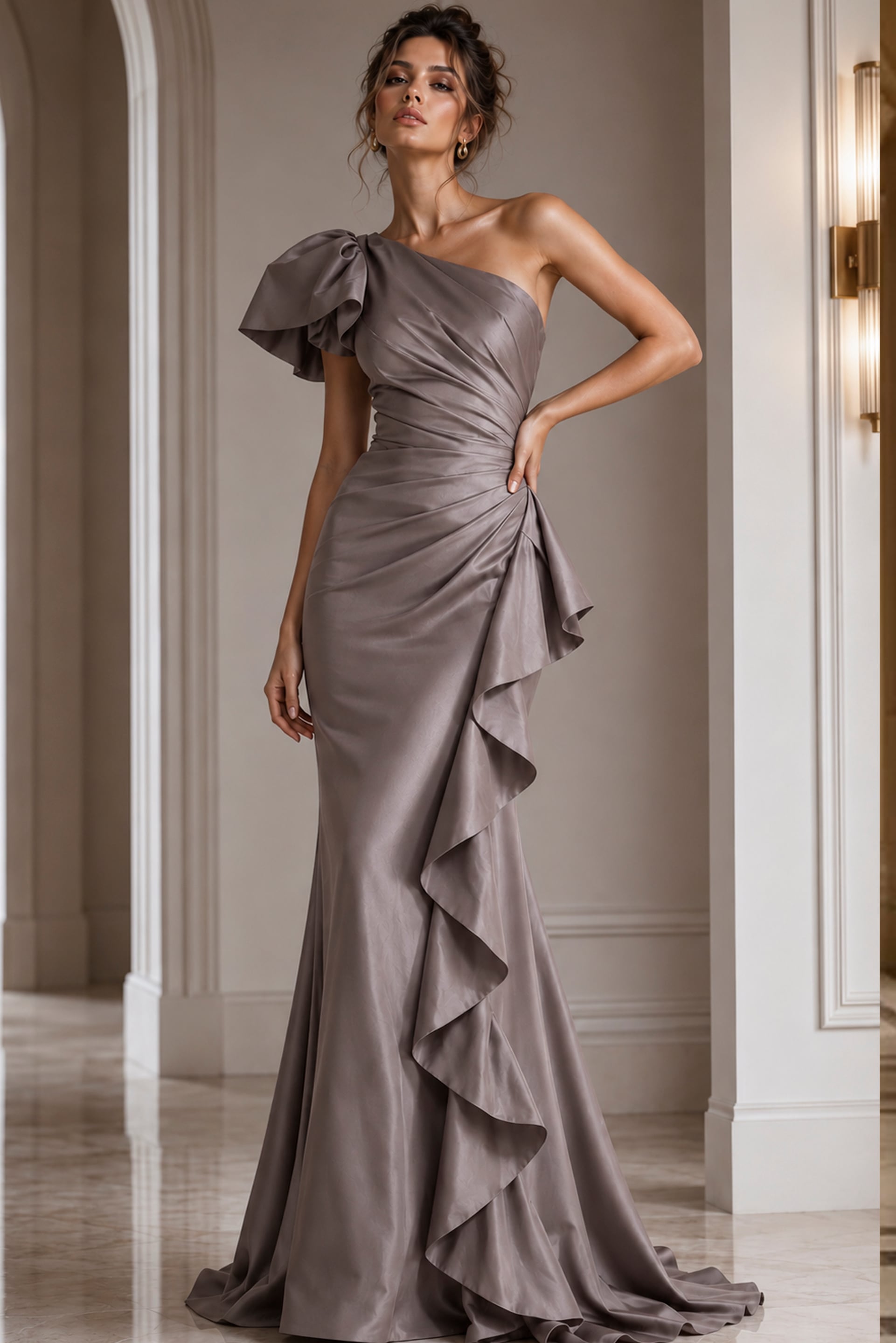 taupe indigo one shoulder short sleeve evening gown - front full body, taupe one-shoulder ruffled gown