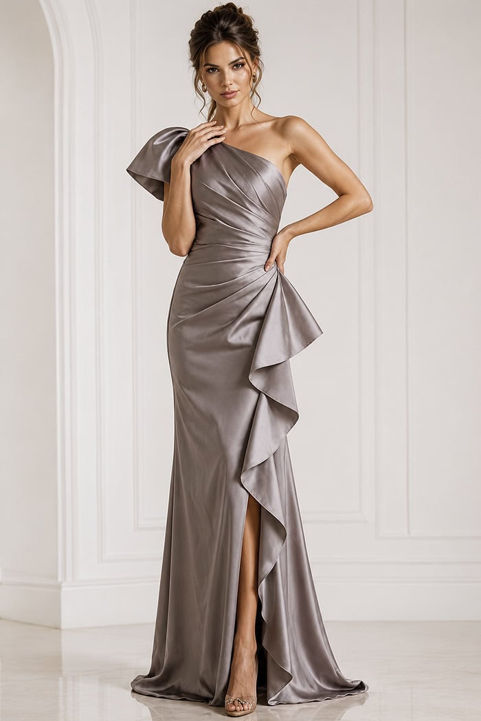 taupe indigo one shoulder short sleeve evening gown - front full body, one-shoulder, ruched bodice, side ruffle, high slit, satin