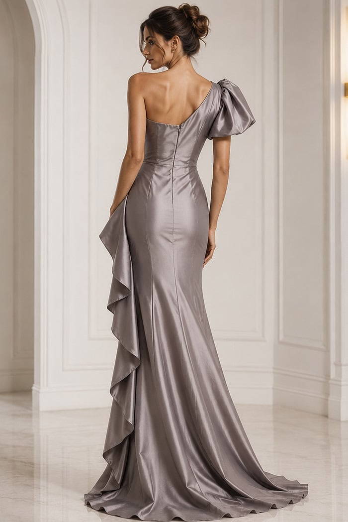 taupe indigo one shoulder short sleeve evening gown - back view, asymmetrical puffed sleeve, shimmering gray, waterfall ruffles, mermaid silhouette