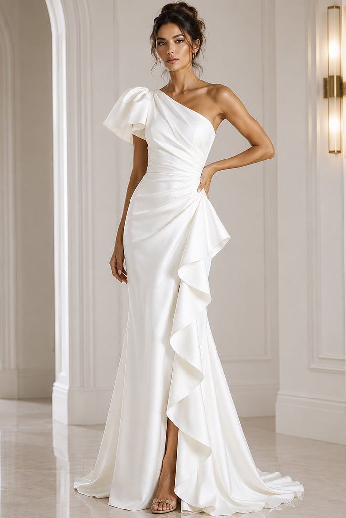 white indigo one shoulder short sleeve evening gown - front full body, one-shoulder, puffy sleeve, cascading ruffle, thigh slit