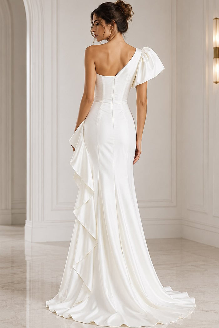 white indigo one shoulder short sleeve evening gown - back view, one-shoulder, puff sleeve, ruffled train, satin fabric