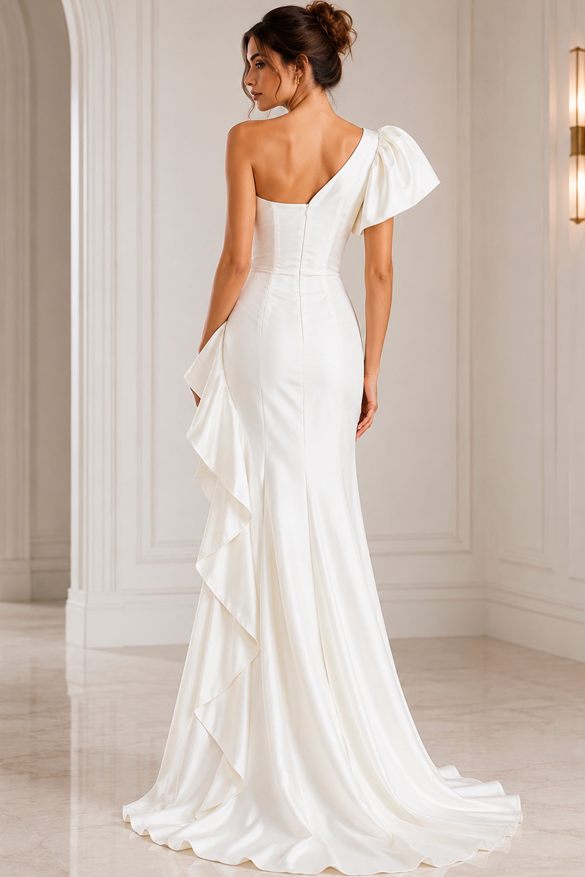 white one shoulder puff sleeve dress Jovani 09201 Indigo One Shoulder Short Sleeve Evening Gown