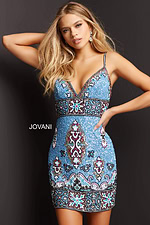 Model in Jovani 09340, showing the front view of the blue dress with intricate details.