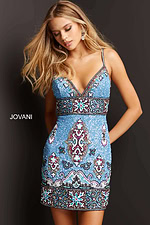 Front pose of model in Jovani 09340, accentuating the dress's plunge neckline.