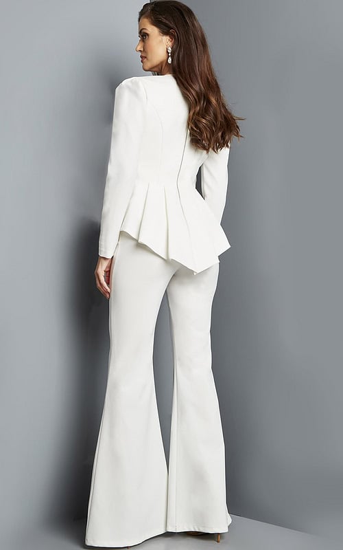 Back view of Jovani 09381 ivory jumpsuit with jacket.
