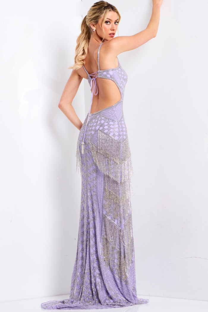 Deep V lavender gown with silver fringe 44723