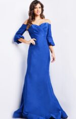 Model wearing Jovani 09420 blue dress, front view with stylish off-shoulder neckline