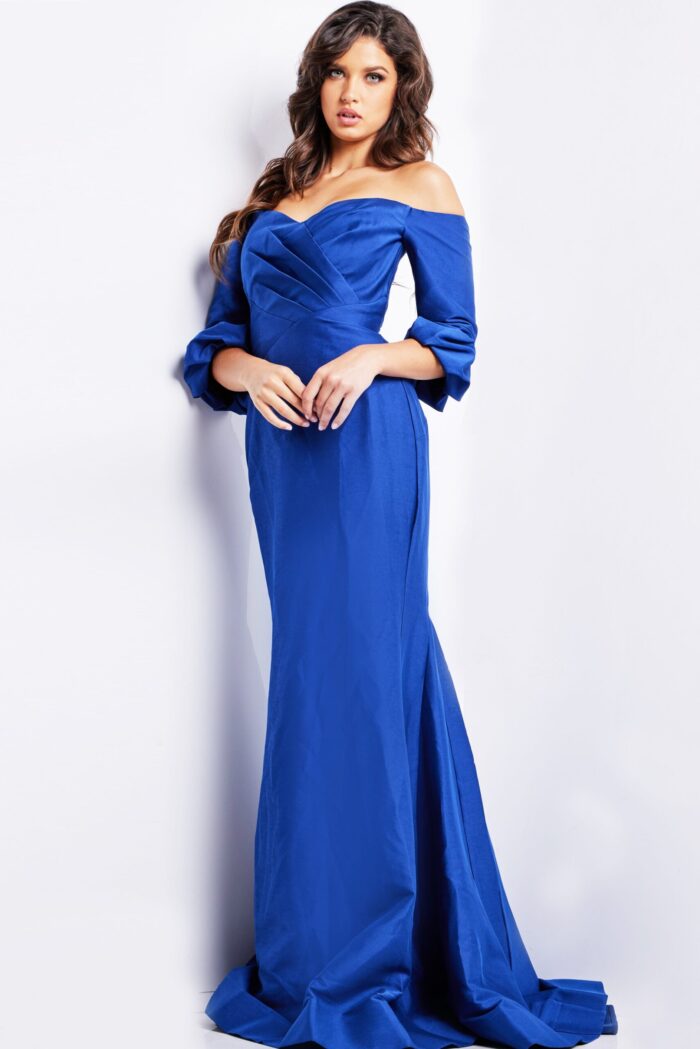 Model wearing Jovani 09420 blue dress, full length front view with elegant design