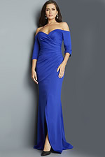 Model wearing Jovani 09421 royal blue off-the-shoulder gown, front view with three-quarter sleeves.