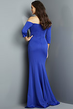 Back view of model in Jovani 09421 royal blue gown, showing off-the-shoulder design.