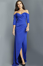 Model wearing Jovani 09421 royal blue dress, showcasing the elegant front draping.