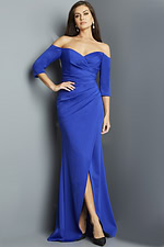 Model wearing Jovani 09421 royal blue gown, front angle with off-the-shoulder neckline.